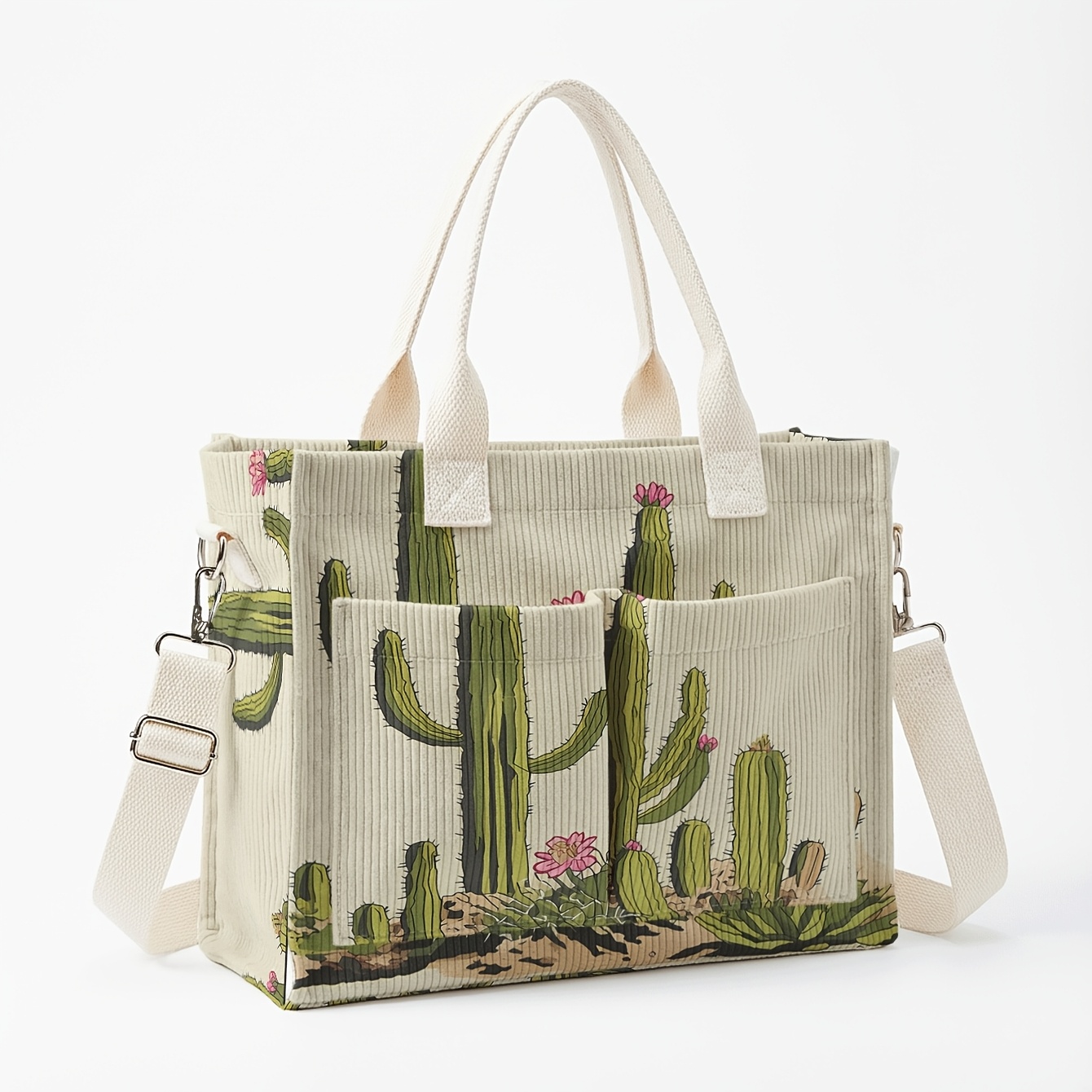 1 pieza, Bolso bandolera para mujer, Estampado floral de cactus 2D, Pana con múltiples bolsillos, Bolso de doble uso de mano/bandolera | Esencial para desplazamientos diarios/salidas de compras/estudiantes/trabajadores/entusiastas del estilo | Tu estilo personal único