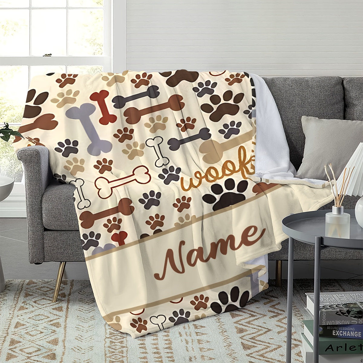 TEMU Couverture personnalisée pour animaux de compagnie avec motif d'empreintes de pattes, comprenant des de pattes de chien et d'os, convient aux