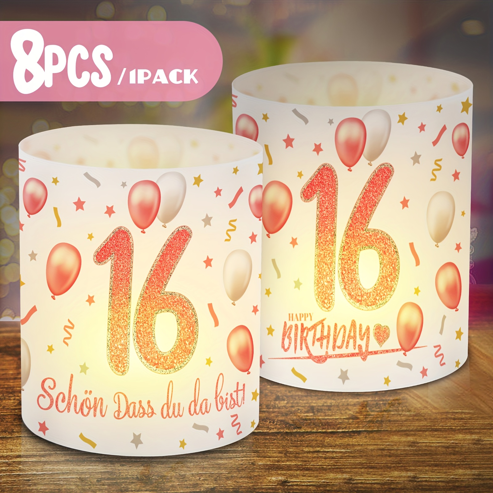 Image of 8pcs Rose Golden 16th Birthday Decorations Suitable For Sweet 16 Party, Plastic Candle Holders & Lampshades With Number 16, Tea Compatible Table Centerpieces For 16 Years