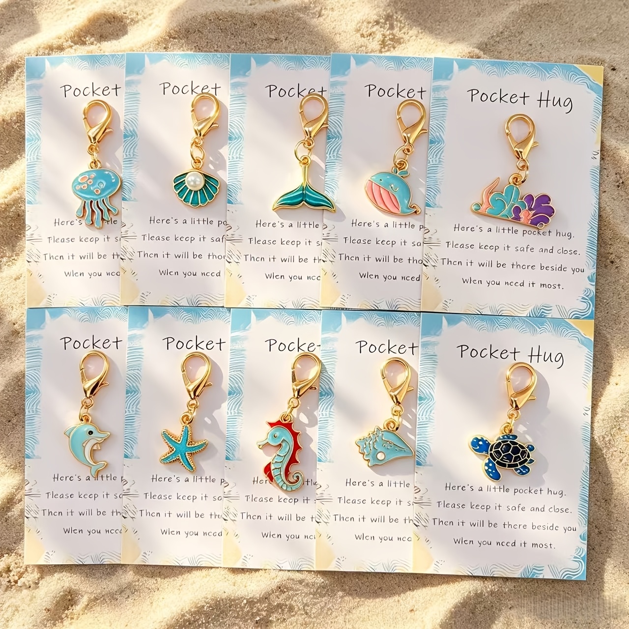 TEMU 2d 20pcs Whimsical Marine Animal Keychain Set - With Ocean Pocket Hug Cards, Including Starfish, Shark, Dolphin, Turtle, Conch Shell, Seahorse,