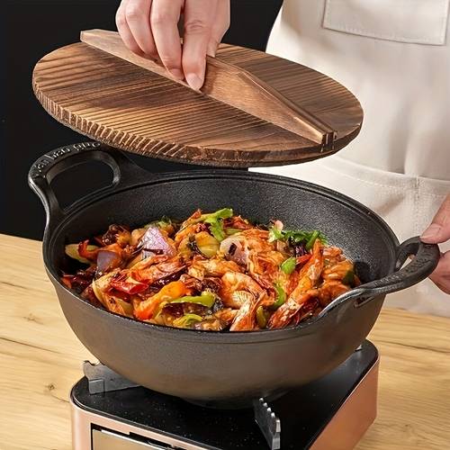 1pc Heavy-Duty Outdoor Cast - , Heat Distribution, Compatible with All Stovetops/Grills/Ovens - Camping, BBQ, Kitchen, Restaurant Use - Durable Construction for Outdoor & Indoor Cooking - Ideal Thanksgiving, Camping, or Everyday Cookware, Handle, Wooden Handle