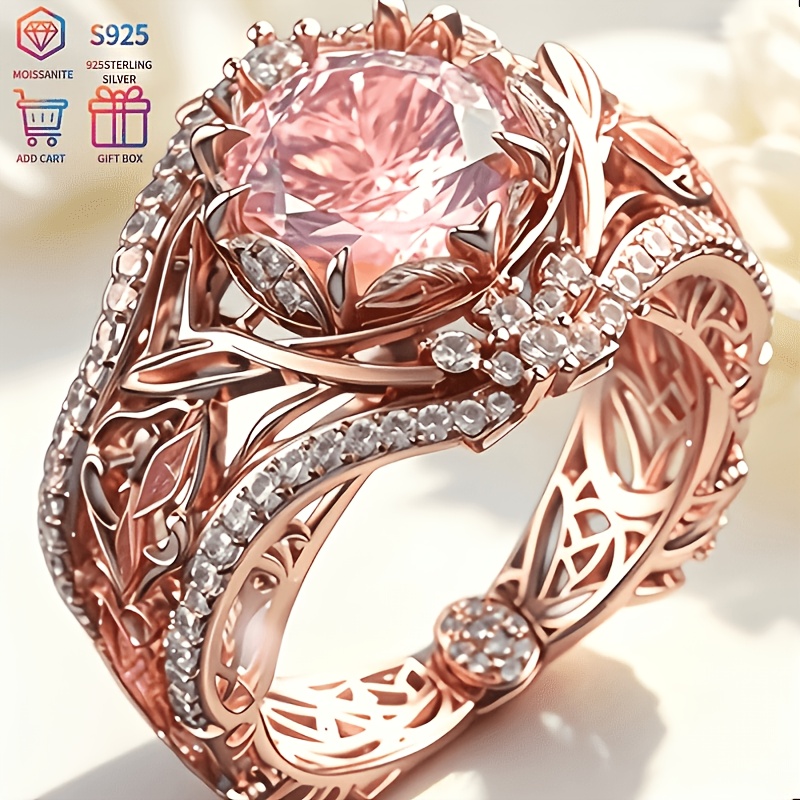 TEMU S925 Rose Gold Plated Pink Moissanite Women's Ring, Light Luxury Hollow Vine Design With Pink Moissanite Center Stone. Suitable For Valentine's