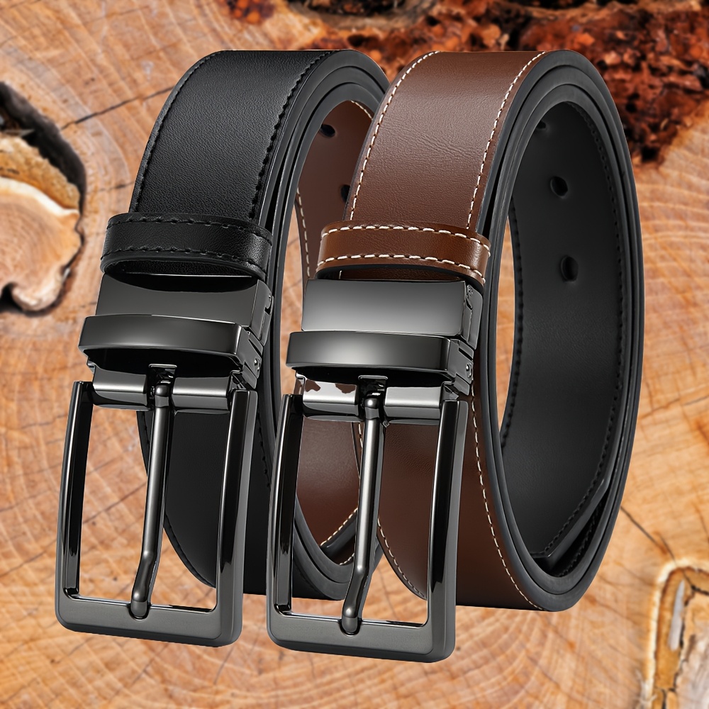 

1pc Men's Reversible Genuine Leather Belt, Fashionable Square Alloy , Casual Golf Dress Pants Accessory, 1 Reverse For 2 Sides, Casual Accessory | Stylish Square | Stitching Detail