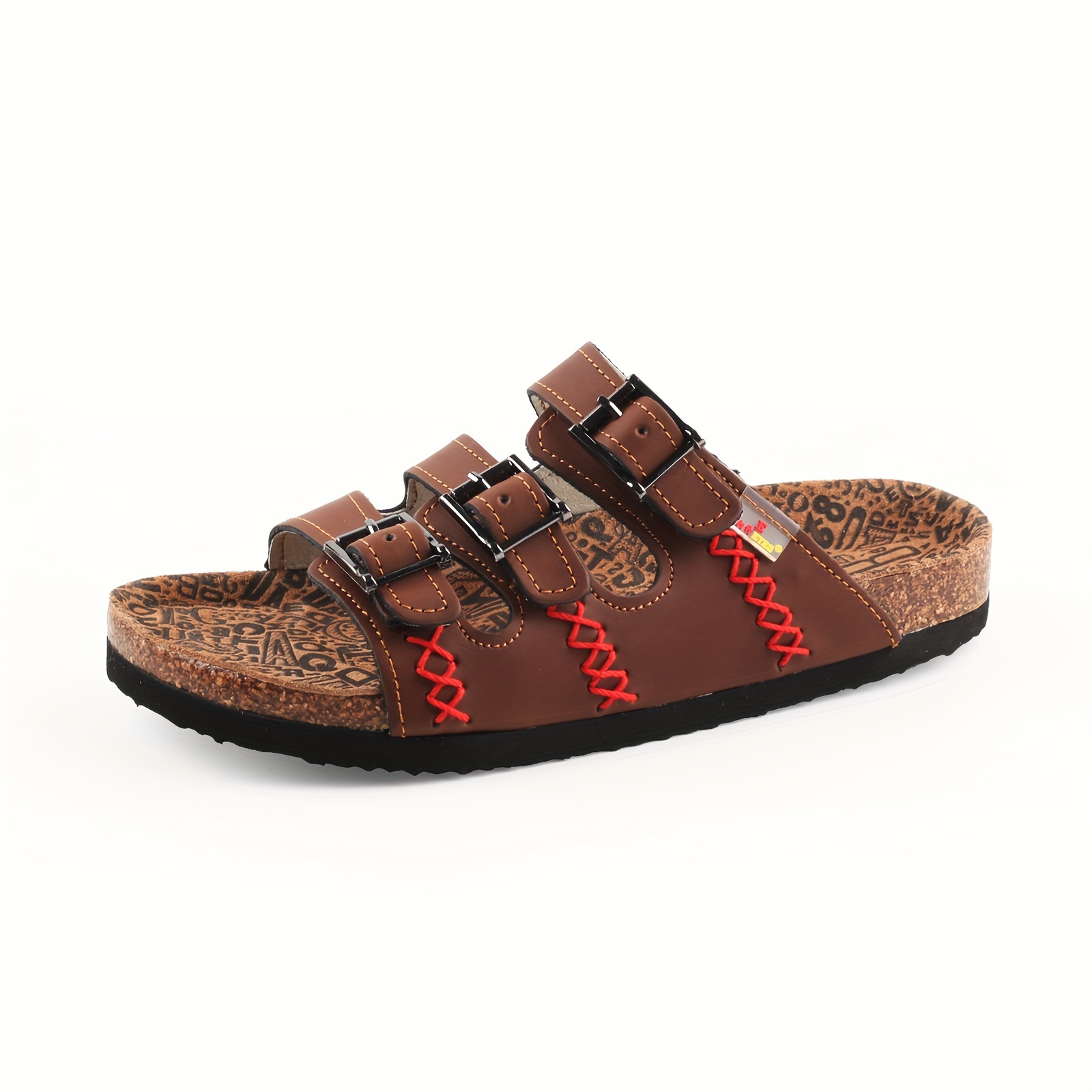 durable build womens retro   strap cork slides open toe   sole casual beach sandals with adjustable double   design brown leather upper with artistic pattern Product details 4