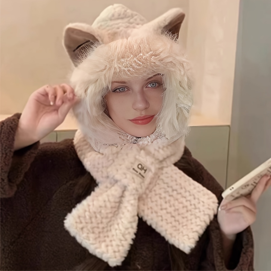 

Autumn Winter Ear Fluffy Hat And Scarf Combo, Thickened Polyester Knit Plush Scarf & Ear Warmer Cap, , Warm Decorative Wrap For Outdoor Use