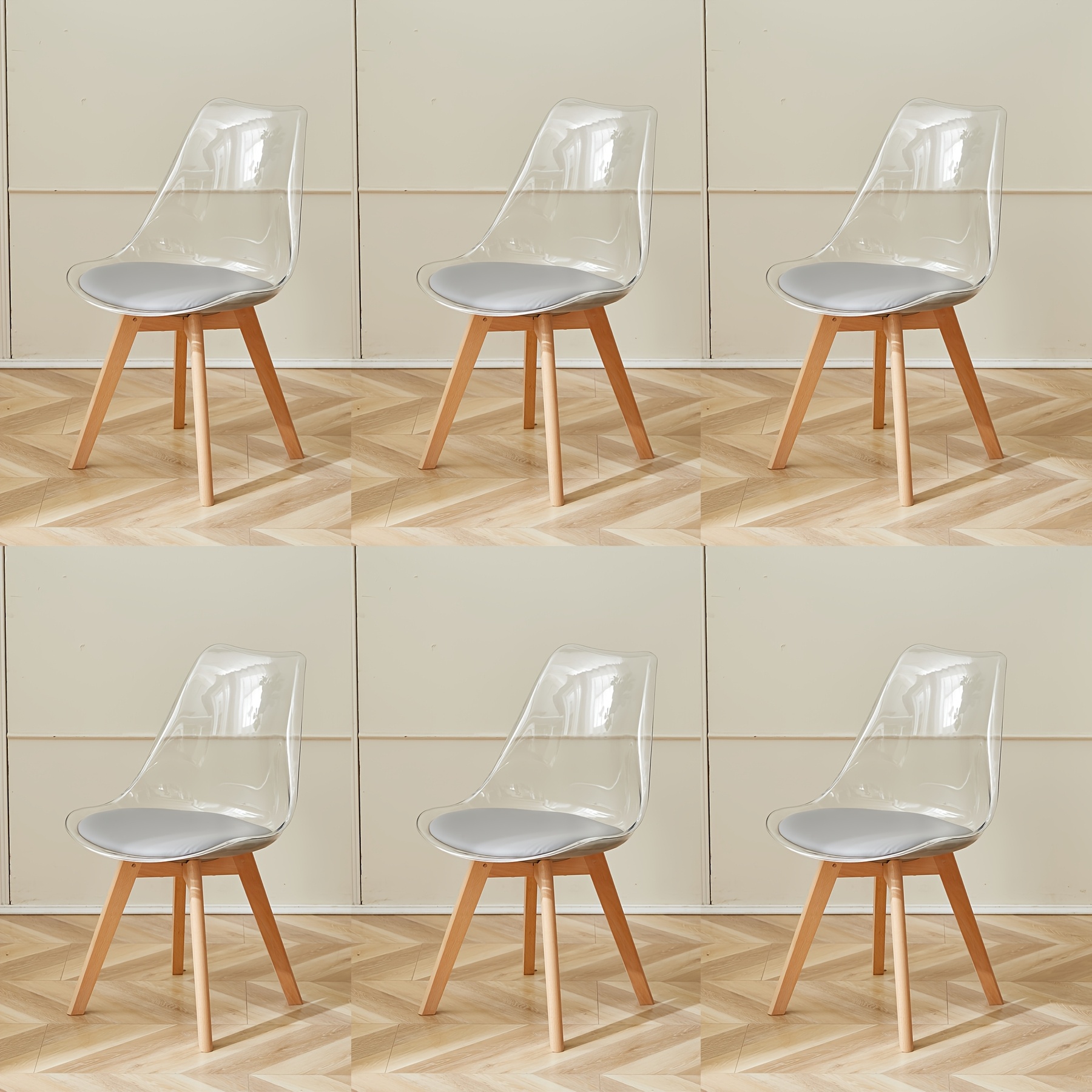Image of Egoonm Set Of 6 Mid-century Modern Scandinavian Dining Chairs With Pu Leather Cushion & Transparent Plastic Shell - Suitable, Living Room, Hard Table Chairs, Foam-padded Seats, Assembly For Office