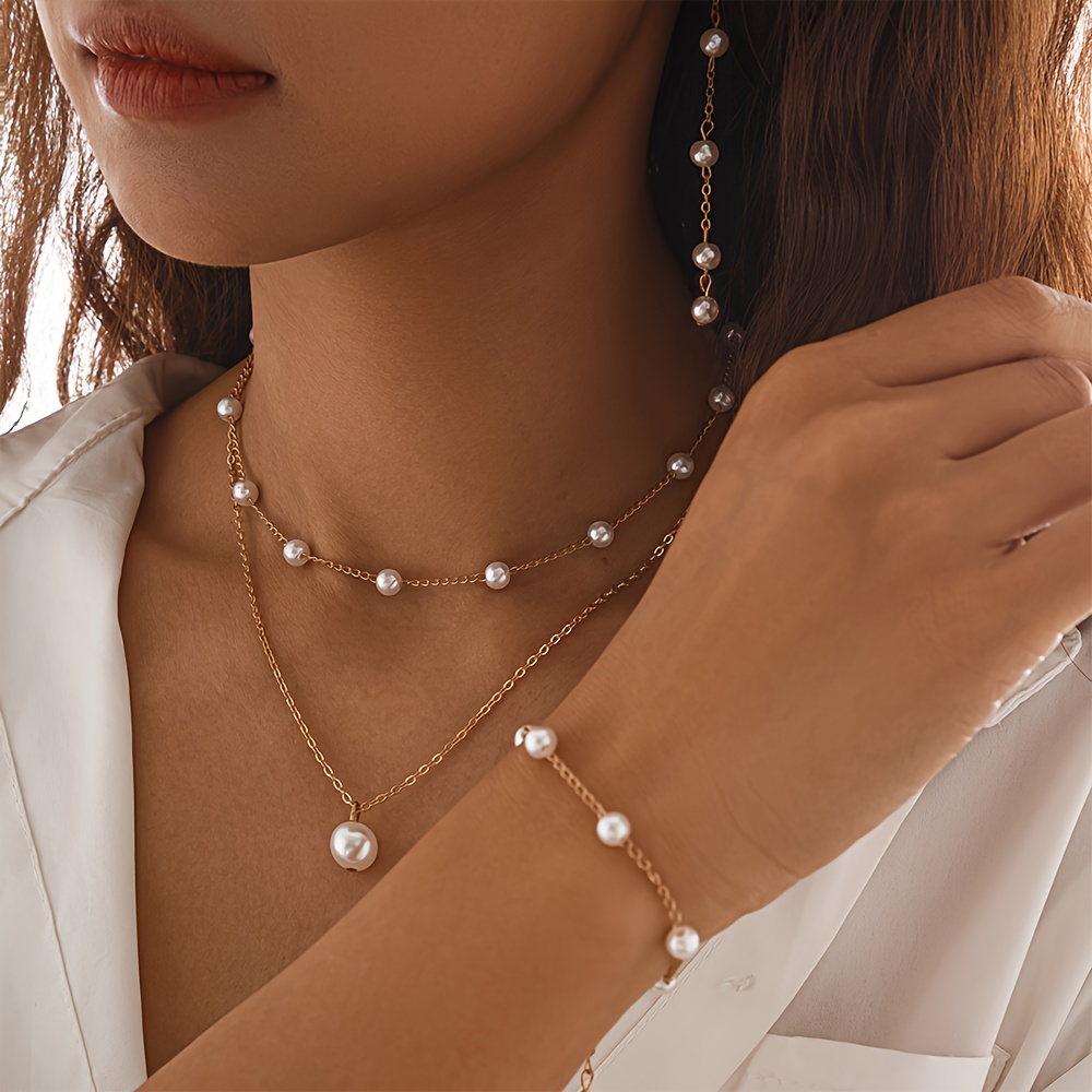 TEMU Juego de 5 Piezas Vintage Francés para Mujer - Collar, Pendientes y Pulsera de Perlas Elegantes - Ideal para Uso Diario, , Fiestas - Set de