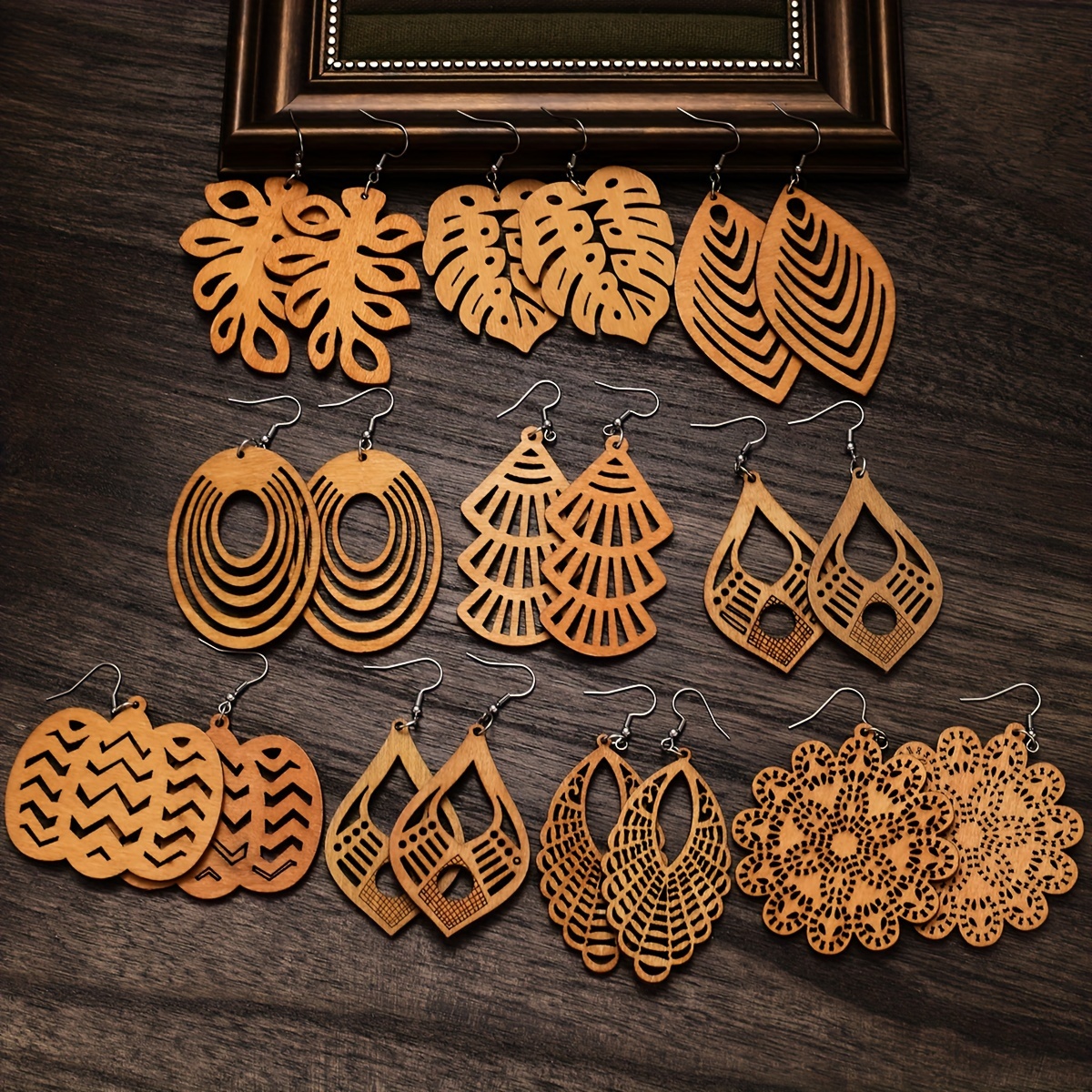 

20 Pieces Vintage Bohemian Leaves Pumpkin Water Drops Wooden Drop Earrings Set For Women Daily Match Vacation Dating Gift