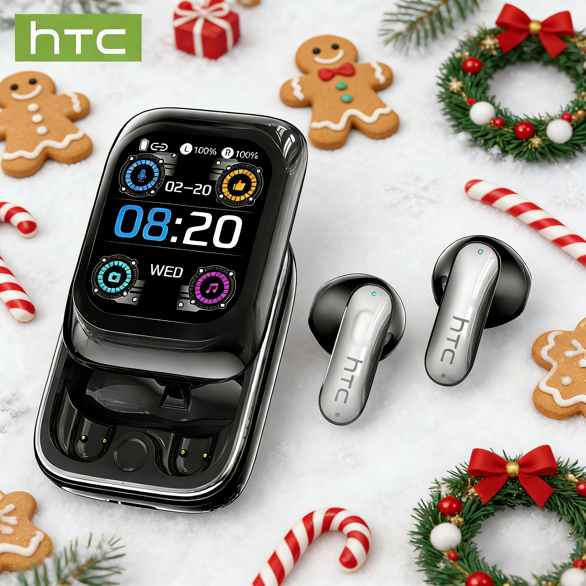 E-shop HTC NE48 Kabellose Ohrhörer mit OWS Schiebeetui, KI Smart Translation Ohrhörer, 30 Stunden Akkulaufzeit, Farb-Touchscreen, Geringe Latenz,