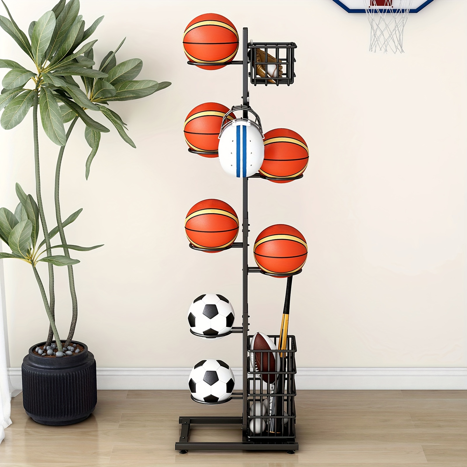 

Multi-purpose Sports Equipment Organizer Rack With Basketball Storage, Universal Iron Ball Holder For Indoor And Outdoor Use, Features Added Hooks And Space-saving Design