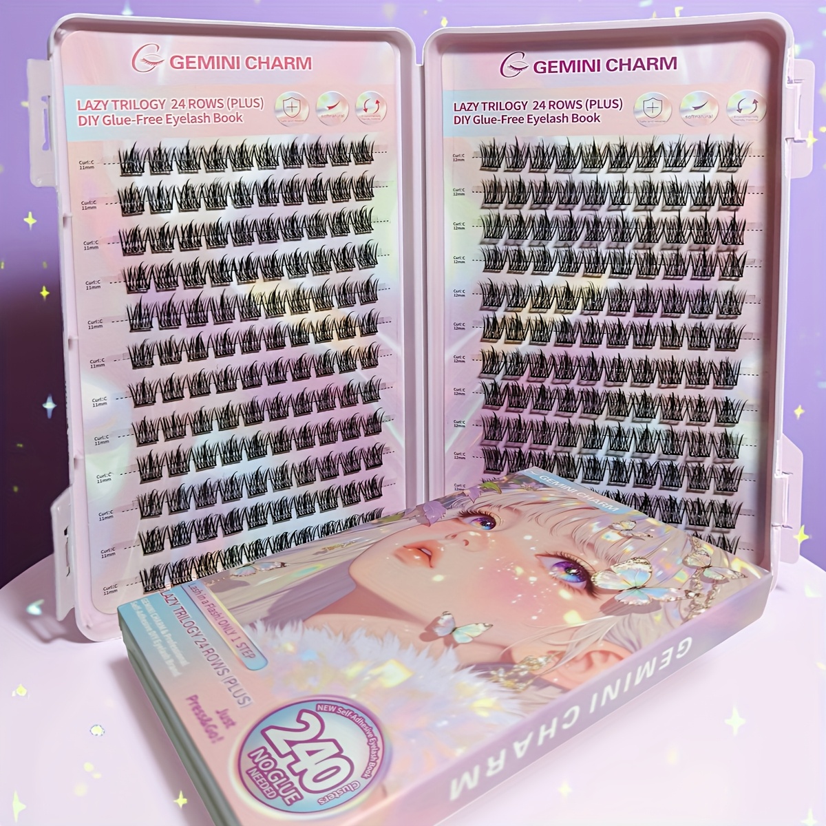 240pcs self eyelashes book no needed natural wispy lashes reusable lightweight easy to apply for beginners fluffy anime style cluster lashes high volume false eyelash kit cosmetics premium gift packaging details 1