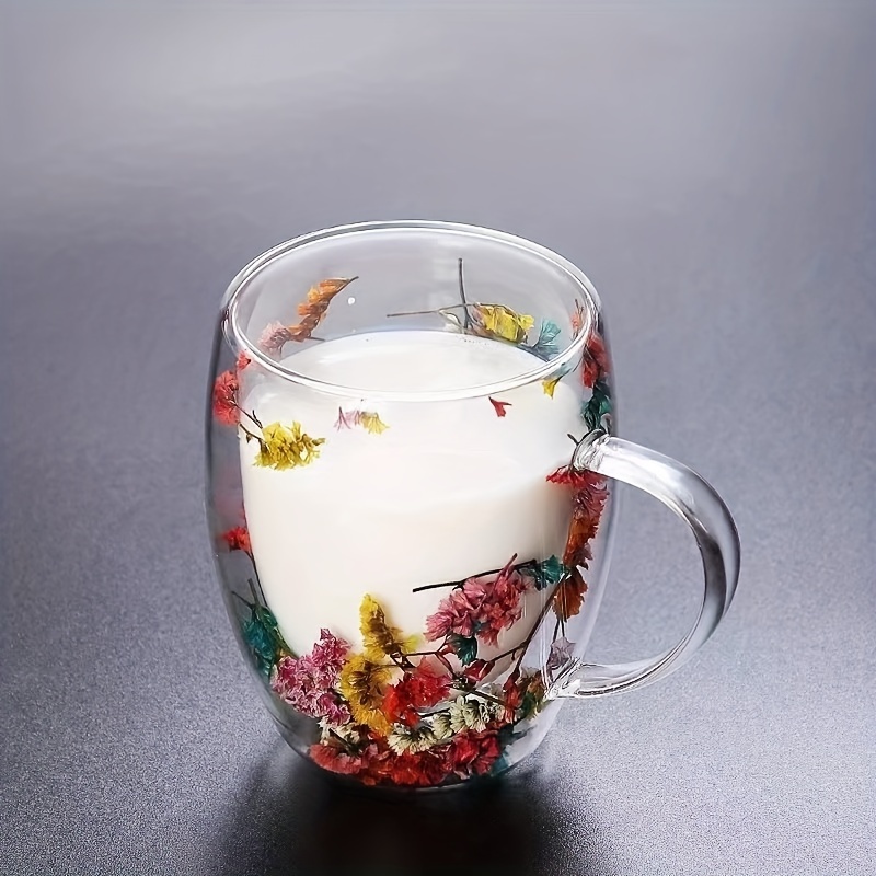 

1pc, Dried Flowers Inside Glass Coffee Mug, 350ml Heat Resistant Double-walled Espresso Coffee Cups, Heat Insulated Water Cups, Summer Winter Drinkware, Birthday Gifts