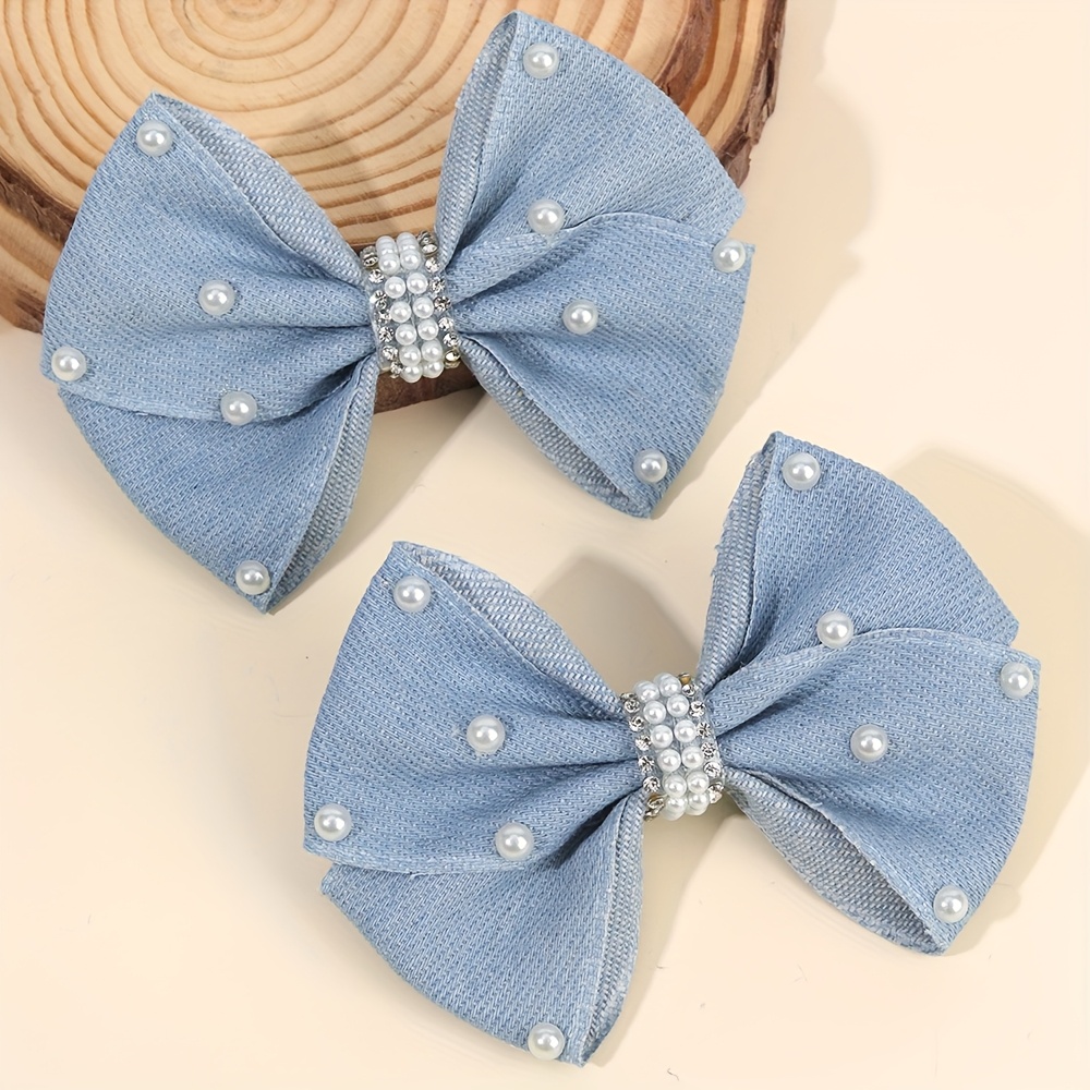 Image of 2pcs Minimalist Bow Hair Clips With Pearl Solid Color Denim Fabric Barrettes Elegant Hair Additions For Daily Styling Or Special Occasions