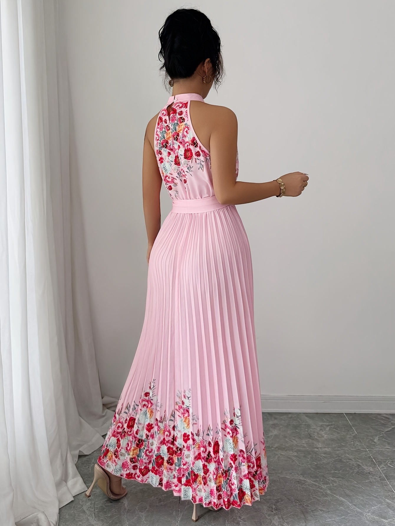 Fashionable New Women'S Summer Halter Floral Print Pleated Dress