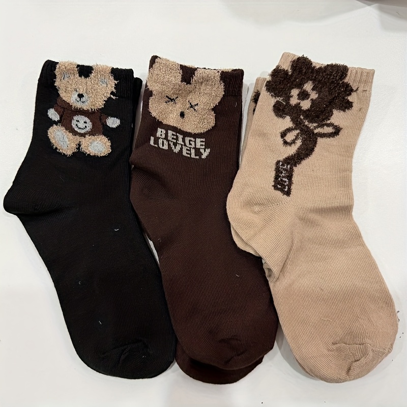3 Pairs Of Cute Bear Crew Socks For Autumn And Winter