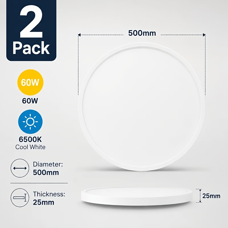 TEMU 2-pack Of 60w 6500k Cool White Led Ceiling Lights, Ultra-thin 500mm Round Ceiling Lights, Flat Panel Recessed Ceiling Lights, Suitable For