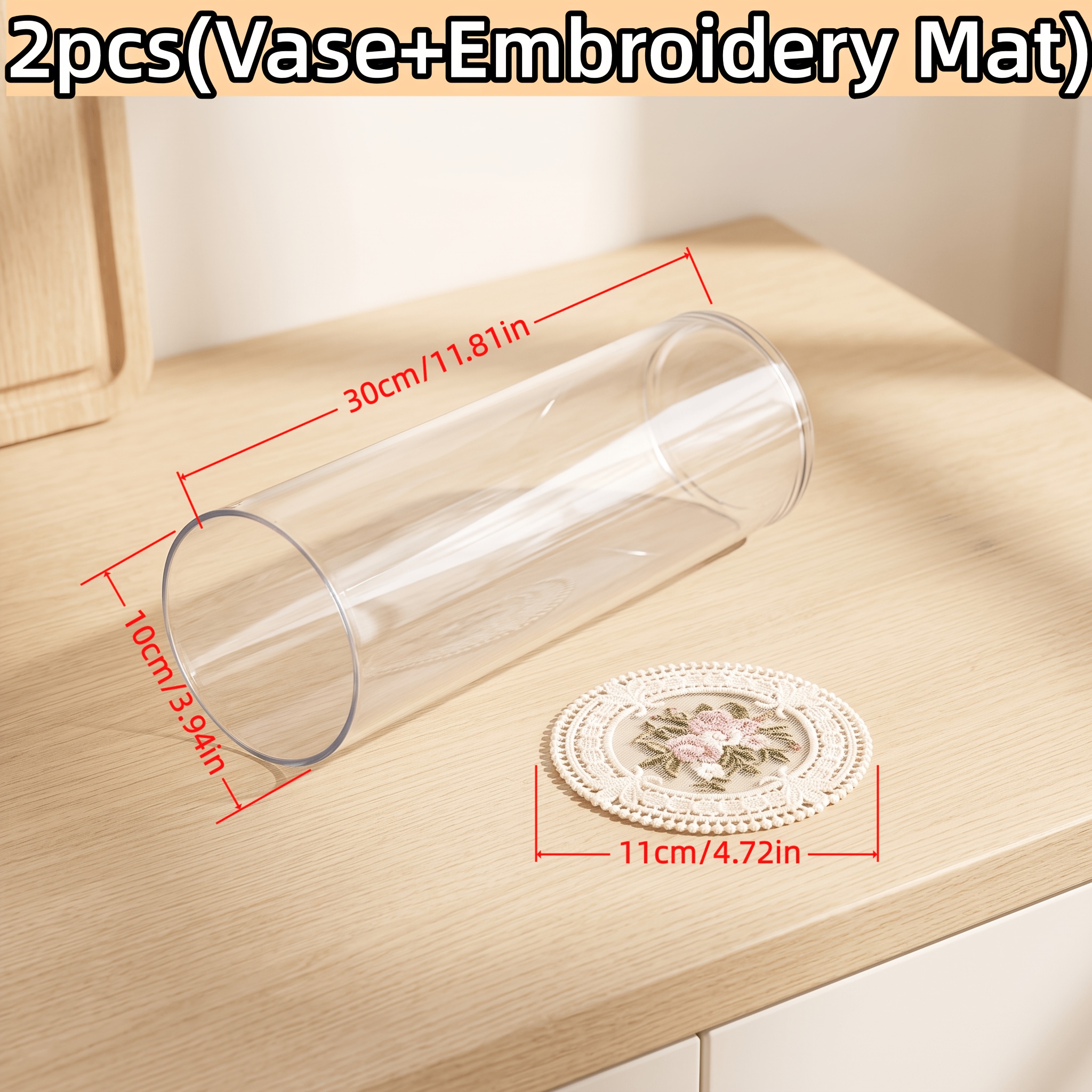 TEMU 2pcs Acrylic Transparent Vase And Embroidery Pad, New High-end Chinese Style Vase, Hydroponic Decorative Transparent Straight Tube Flower Vase,