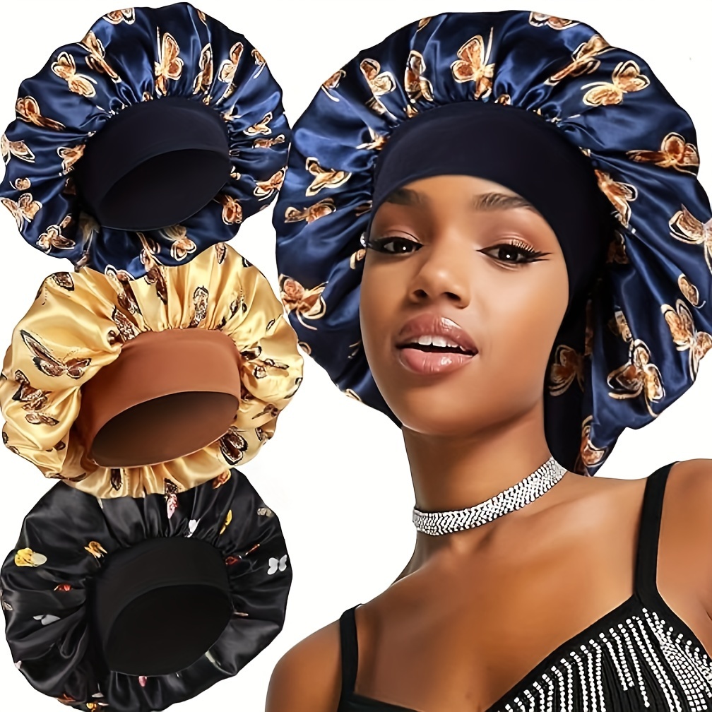 

3 bonnets de nuit en satin avec bande large, couvre-cheveux doux et soyeux en élasthanne, couvre-chef de nuit pour femmes - Motif papillon, couleurs assorties