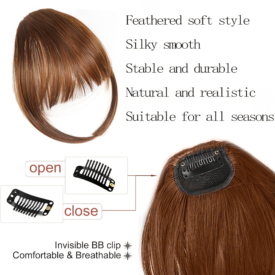 elegant clip in bangs for women natural looking     hair extensions in golden   black light brown high quality heat resistant synthetic fiber with temples for casual attire details 2