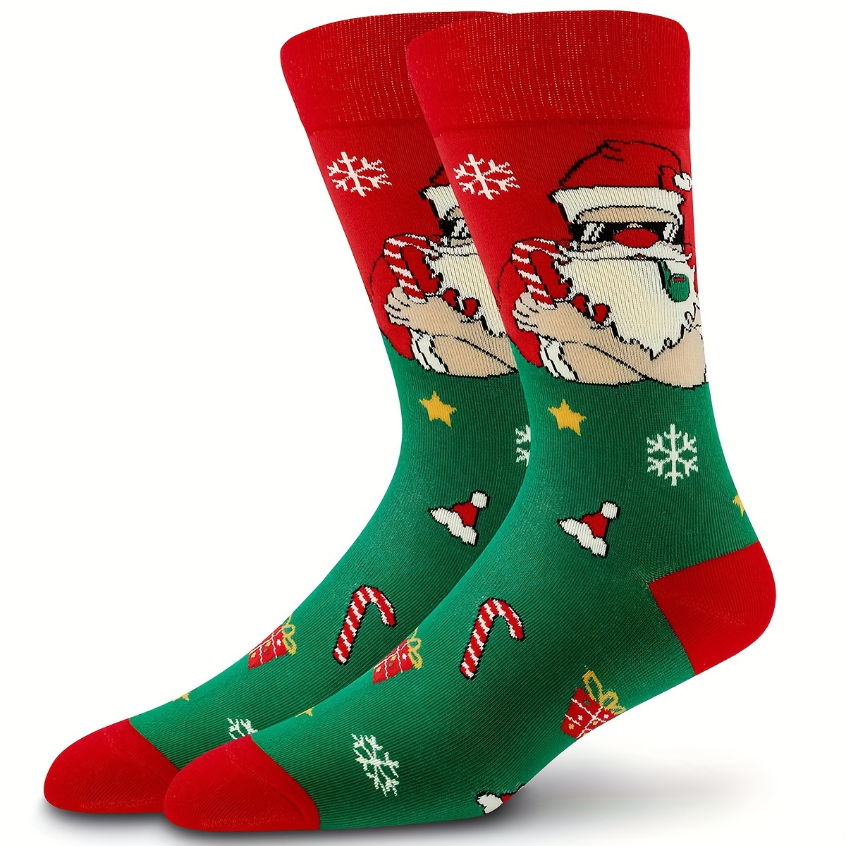 

1 Pair Unisex Christmas Santa Claus Snowflake Pattern Mid-calf Socks, Warm Comfortable Polyester 95% Spandex 5% Knit Fabric, Festive Holiday Gift For Men And Women