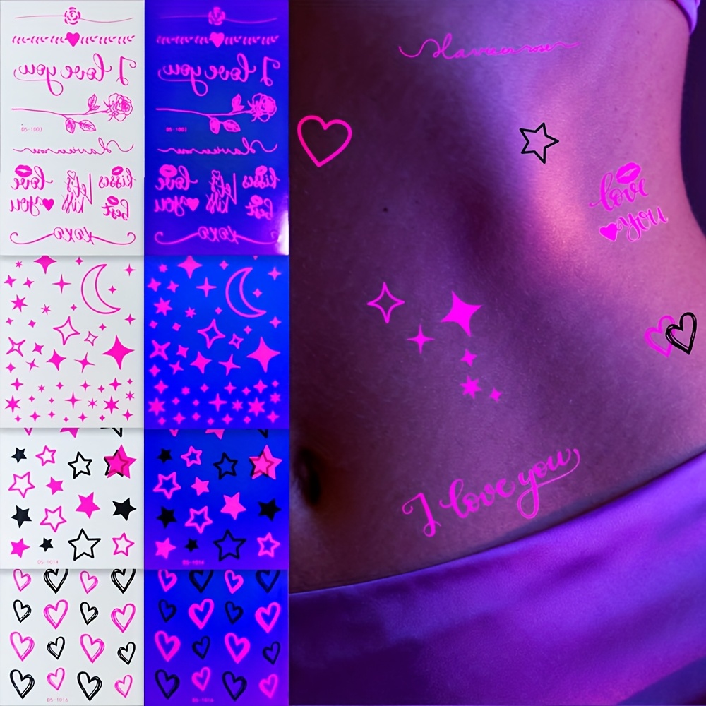 Image of 4pcs Luminous Fluorescent Love Heart And Star Temporary Tattoos, Neon Finger Patterns Tattoo Stickers, Glow In The Light, Rose Tattoo Stickers For Body Makeup, Long Lasting
