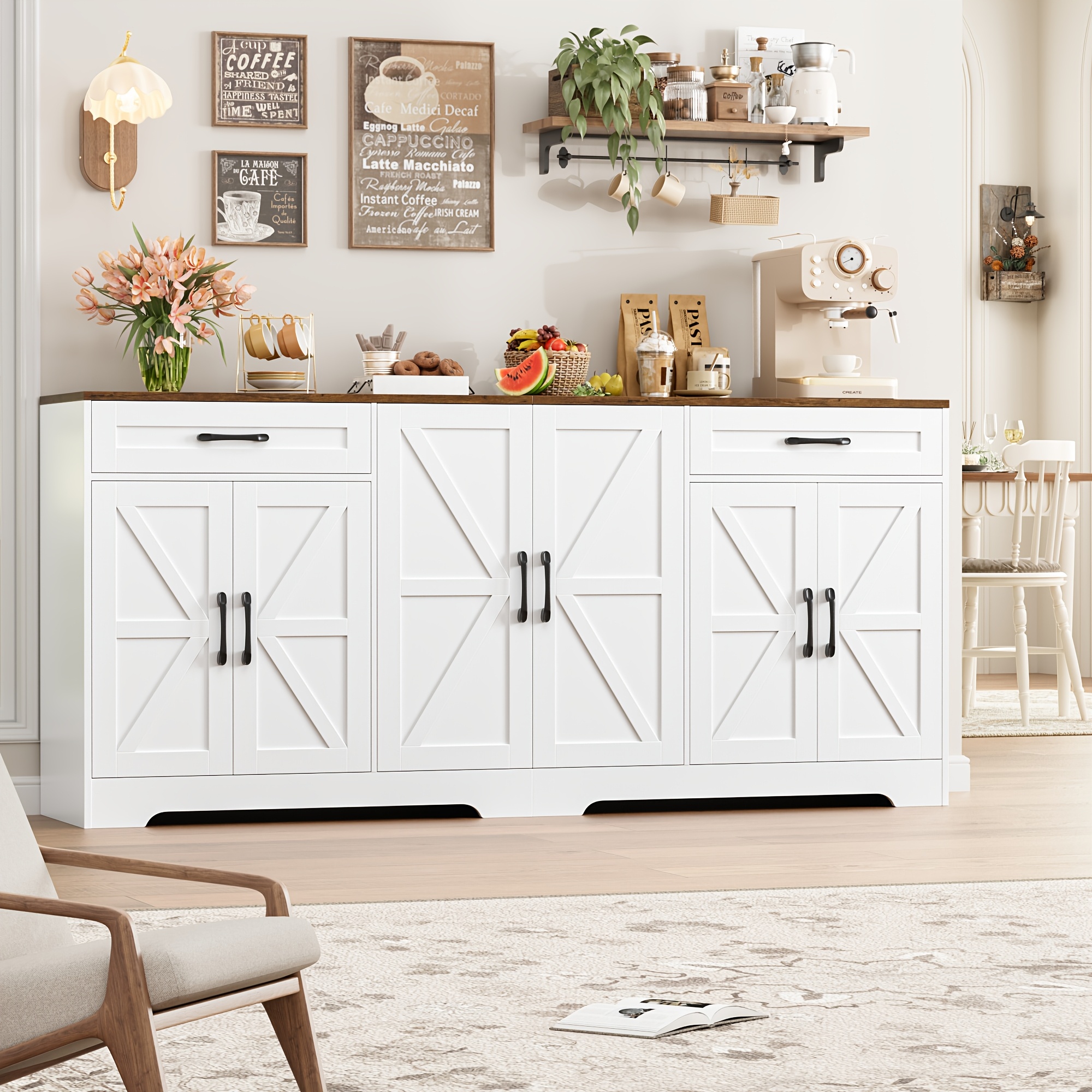 Image of Kealive 180cm Wide Sideboard Kitchen Cabinet With Worktop, 6 Doors And 2 Drawers Buffet Storage Cupboard With Adjustable Shelves For Living Room/dining Room