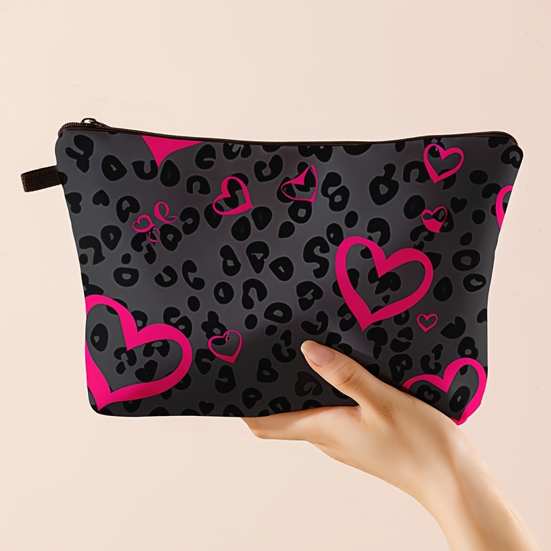 

1pc Polyester Leopard Print Heart Pattern Cosmetic Bag, Unscented Toiletry Pouch For And Makeup Storage