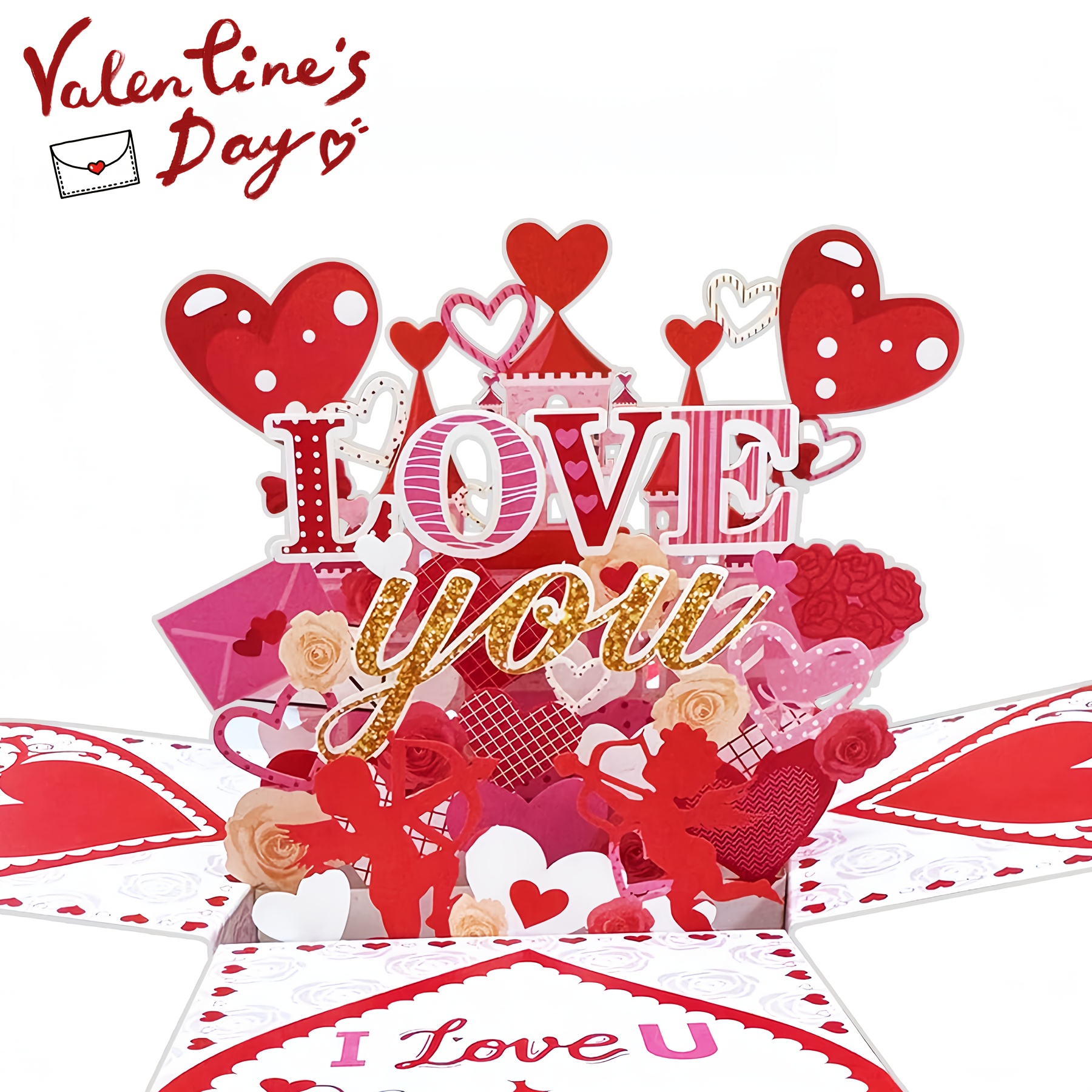 

1pc Valentine's Day 3d Pop-up "i Love You" Greeting Card, Heart Pattern Laser Engraved Paper Ornament, Foldable With Mini Card & Envelope, Anniversary Party Decor, Ideal Gift For Anyone