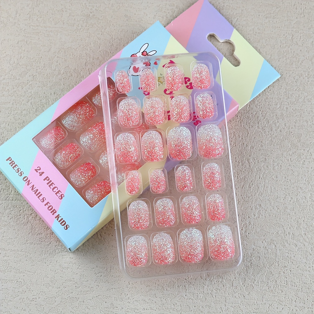 holographic glitter gradient   on nails for little girls full cover oval acrylic tips with sparkling glitter