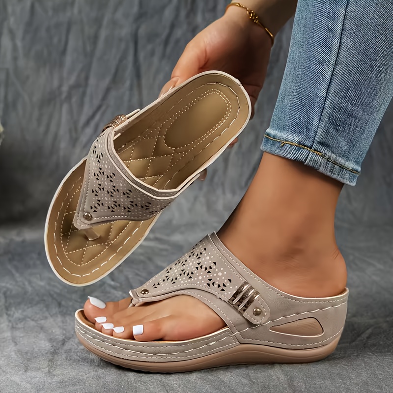 Image of Fashion Solid Color Mesh Breathable Sports Slides, Toe Post Casual Versatile Beach Flip-flops, Women Shoes