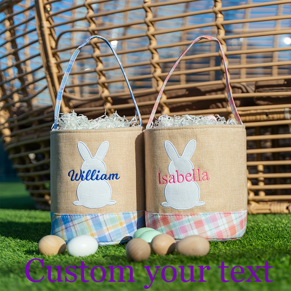 

Personalized Easter Bunny Burlap Baskets, Custom Text Embroidered Polyester Striped Gift Bags For Egg Hunt, Design Holiday Decor