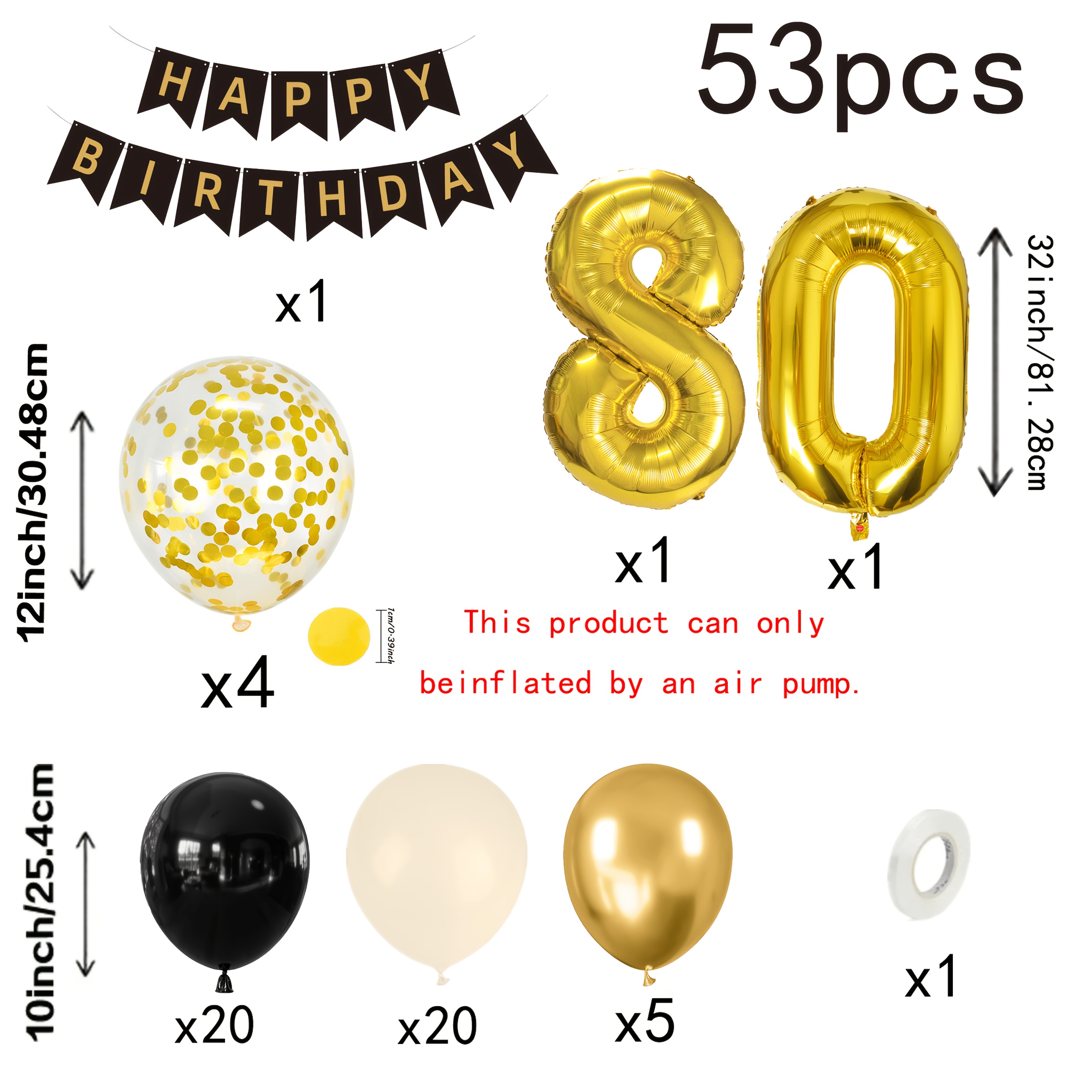 TEMU Ensemble de ballons de décoration pour le 80e anniversaire avec 53 ballons de noirs et dorés. Ensemble de ballons d'anniversaire avec film