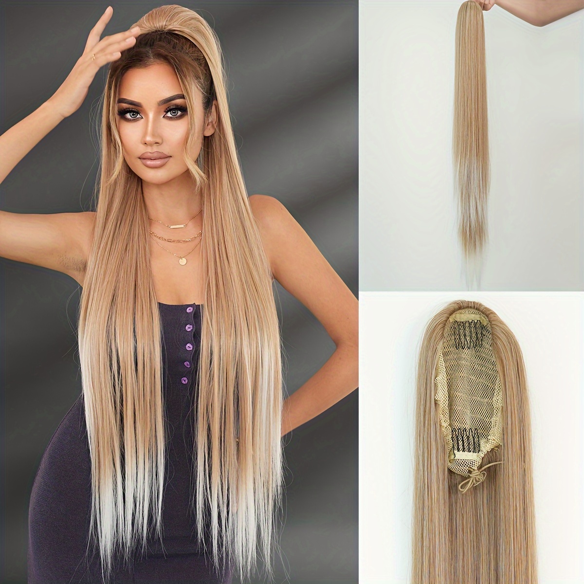 38 inch ombre white to light brown ponytail extension heat resistant synthetic hair for   for daily wear parties details 2