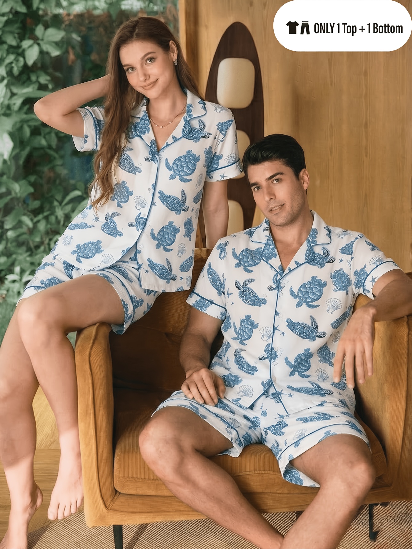 [MEN/WOMEN] Couple Style Pajama Set Valentine'S Day Gift Men Or Women Short Sleeve Top And Shorts Marine Element Print Pattern Home Wear Spring Summer Style Cardigan Button-Up Vacation Style Single Set