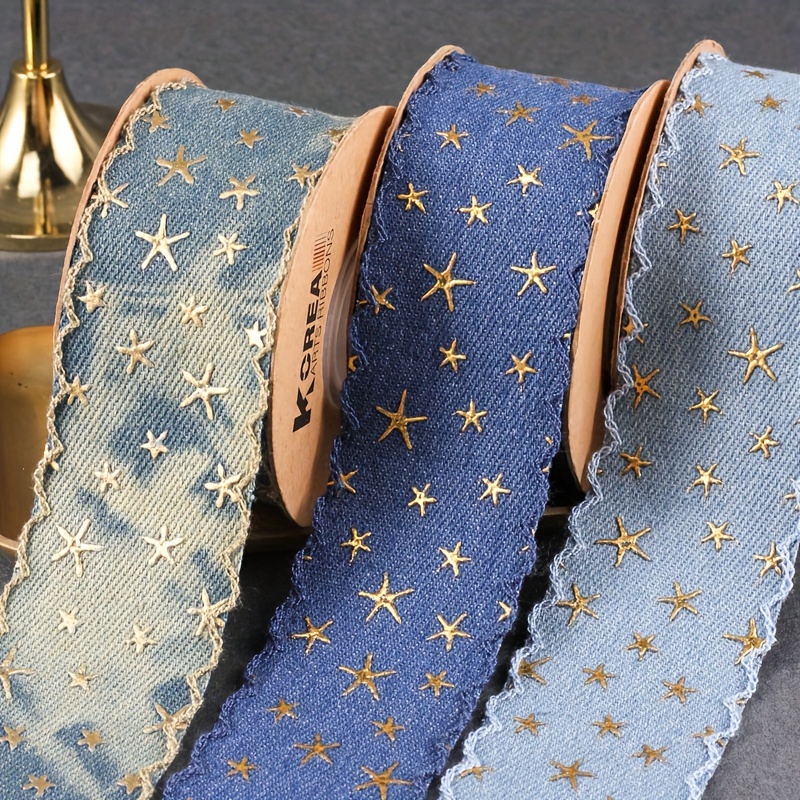 

Ruban en denim vintage avec étoiles en relief, bordure en dentelle effet jean vieilli 2Y, accessoires pour cheveux et vêtements de mode texturés sans bobine en plastique.