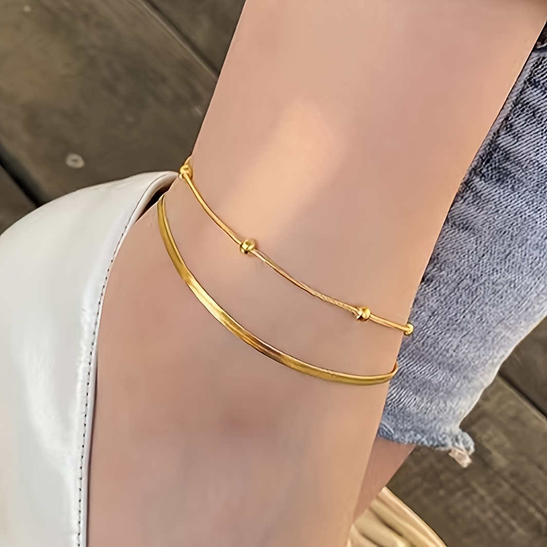 

1pc Double Layer Golden Anklet Stainless Steel Jewelry Elegant Sexy Style Suitable For Women Daily Foot Decor