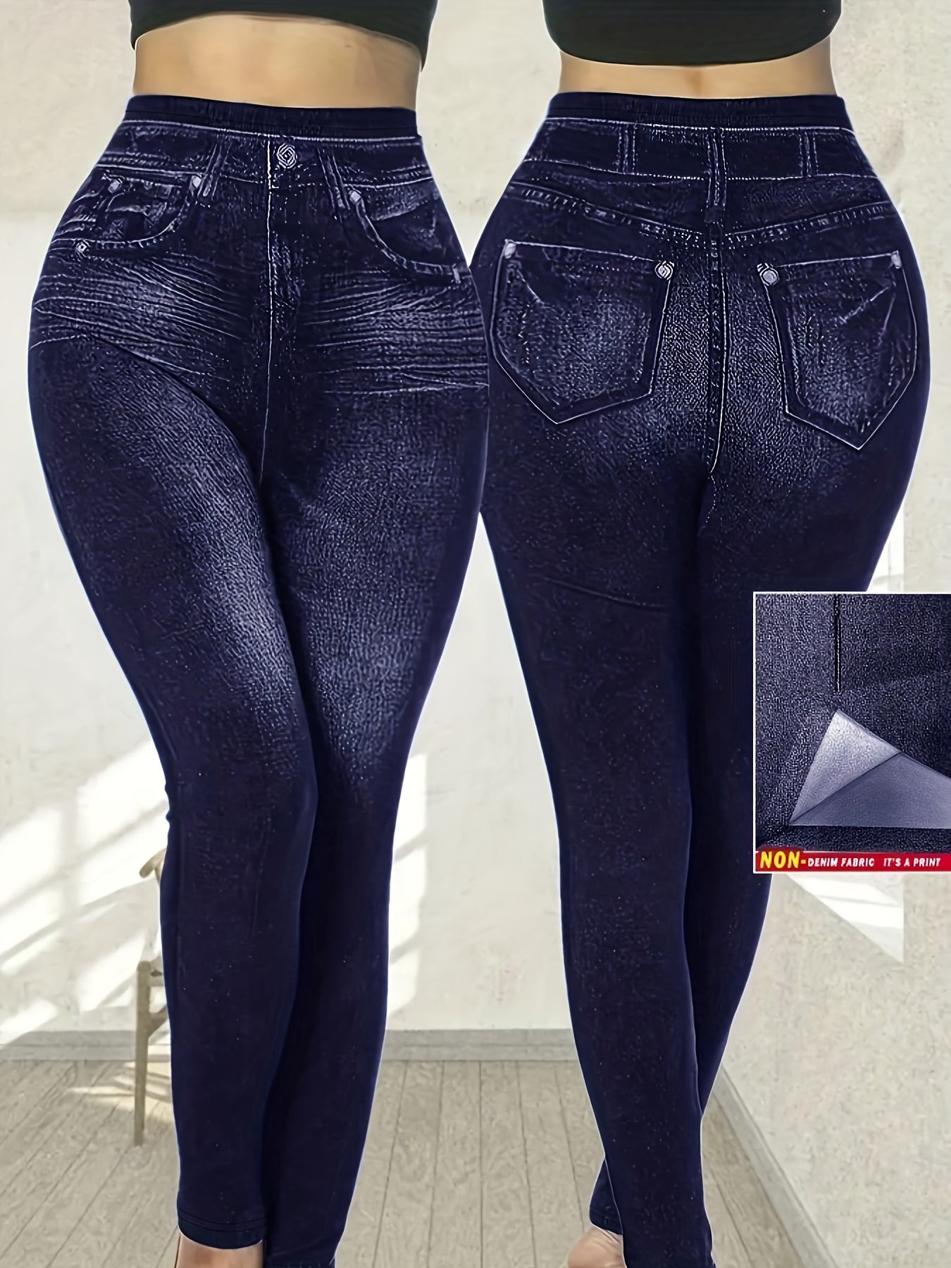 [Pantalon Imprimé - Non en Denim] Grande Taille - [Pantalon Imprimé - Non en Faux Denim] Grande Taille - Leggings Grande Taille avec Impression Numérique Effet Denim, Pantalons Longs, Non en Faux Denim