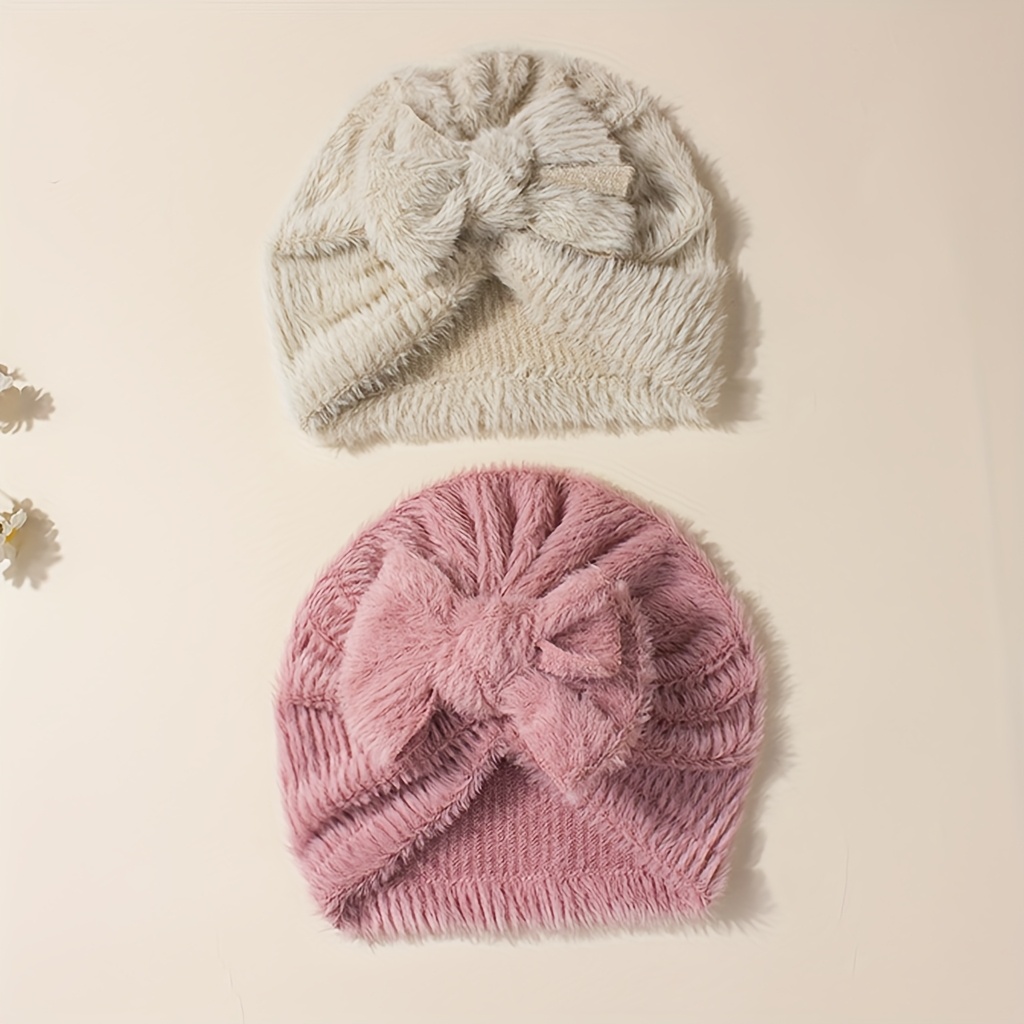 2pcs Baby Winter Plush Hat, Baby Bow Warm Hat, Unisex Baby Hat