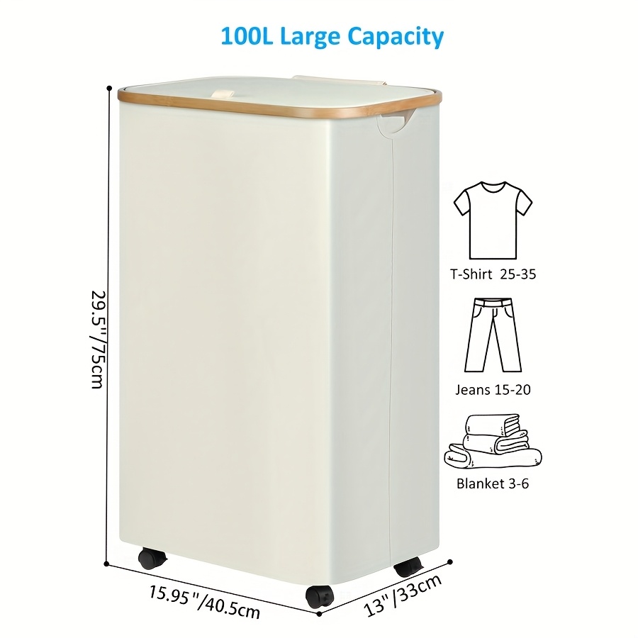 TEMU Basket With Lid And Removable Bag, 100l Tall Laundry Hamper With Bamboo Handles, Aesthetic Dirty Clothes Bin For Laundry Room, Bathroom, Bedroom