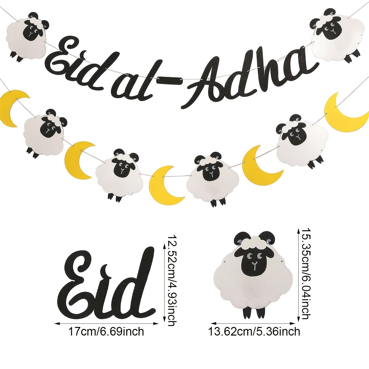 Eid Decoration Banner, Black Glitter Eid Banner, With Sheep And Moon Paper Cutouts, Suitable For Eid Home Wall Party Supplies
