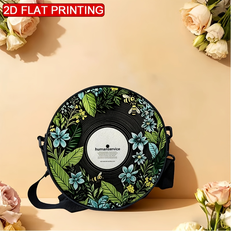 TEMU Women's Shoulder Bag Plant Bee Vinyl Record 2d Printing, Adjustable Shoulder Strap, Zipper Closure, Backpack Style | Casual And Fashionable