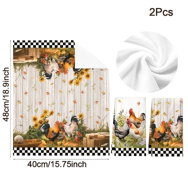 TEMU 2pcs Rooster & Chicken Dish Cloths, Suitable For Farmhouse Decor, Absorbent Dishcloths With Rooster, Vintage Farm Animal Cleaning Cloths For