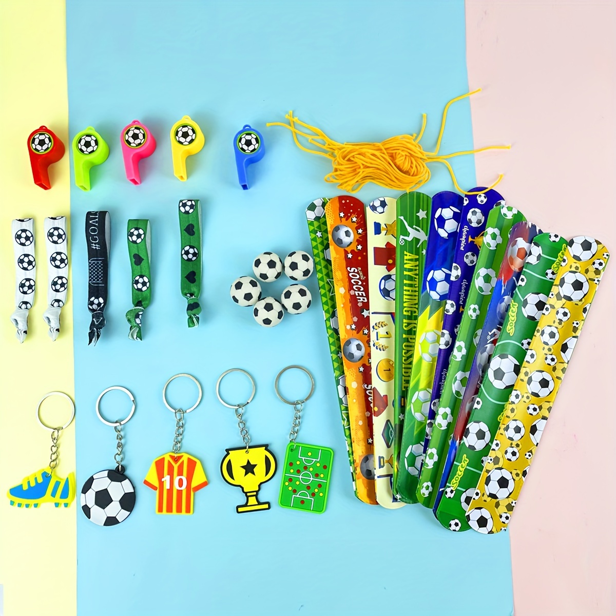 

Soccer Themed Party , 30 Pcs - Plastic Whistles, Bracelets, Keychains, Erasers - No Electricity, No Feathers - Sports Birthday Supplies & Giveaways