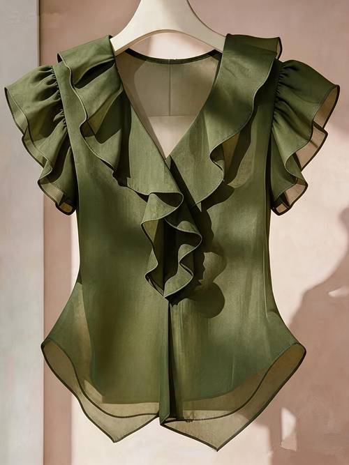 verano francés con volantes manga corta camisa top de gasa de mujer