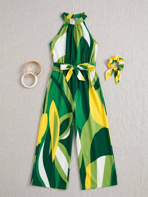 kids sleeveless halter jumpsuit with belt green abstract print high waist wide leg pants for girls for outdoor