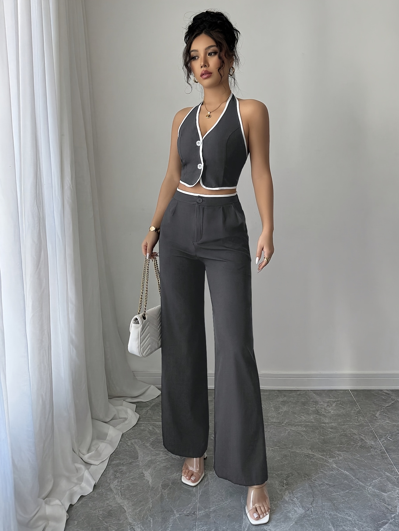 2pcs Women'S Elegant Sleeveless Top Pants Set Solid Color, Button  Detail, High-Waisted Wide-Leg Pants Spring/Summer Styl