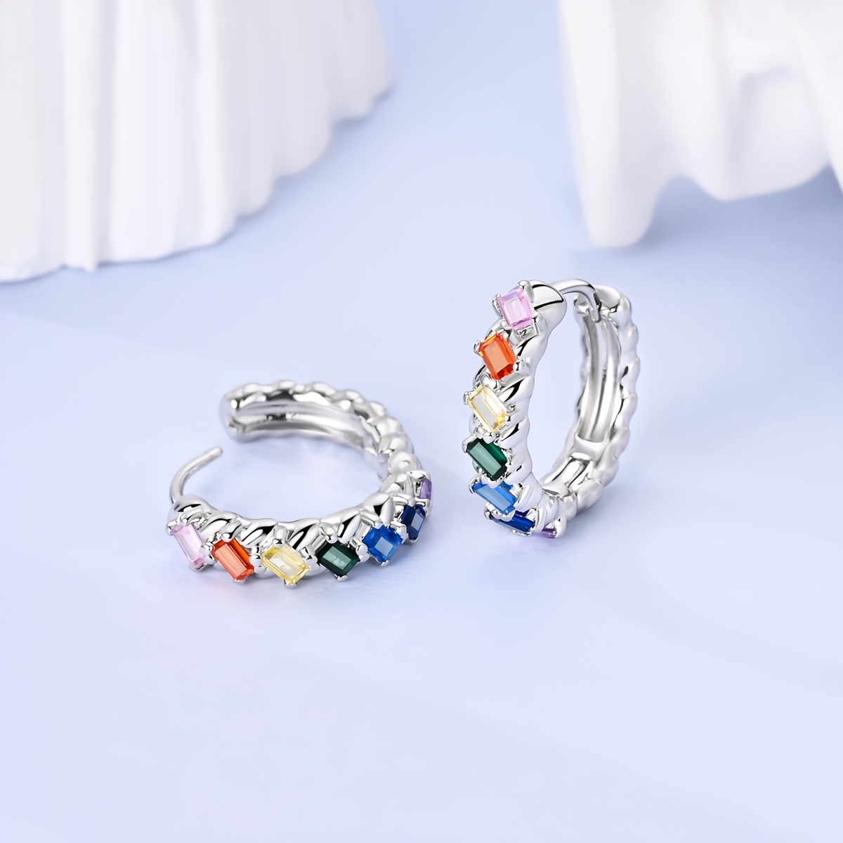Platinum Plated Sparkling Square Zirconia Hoop Earrings