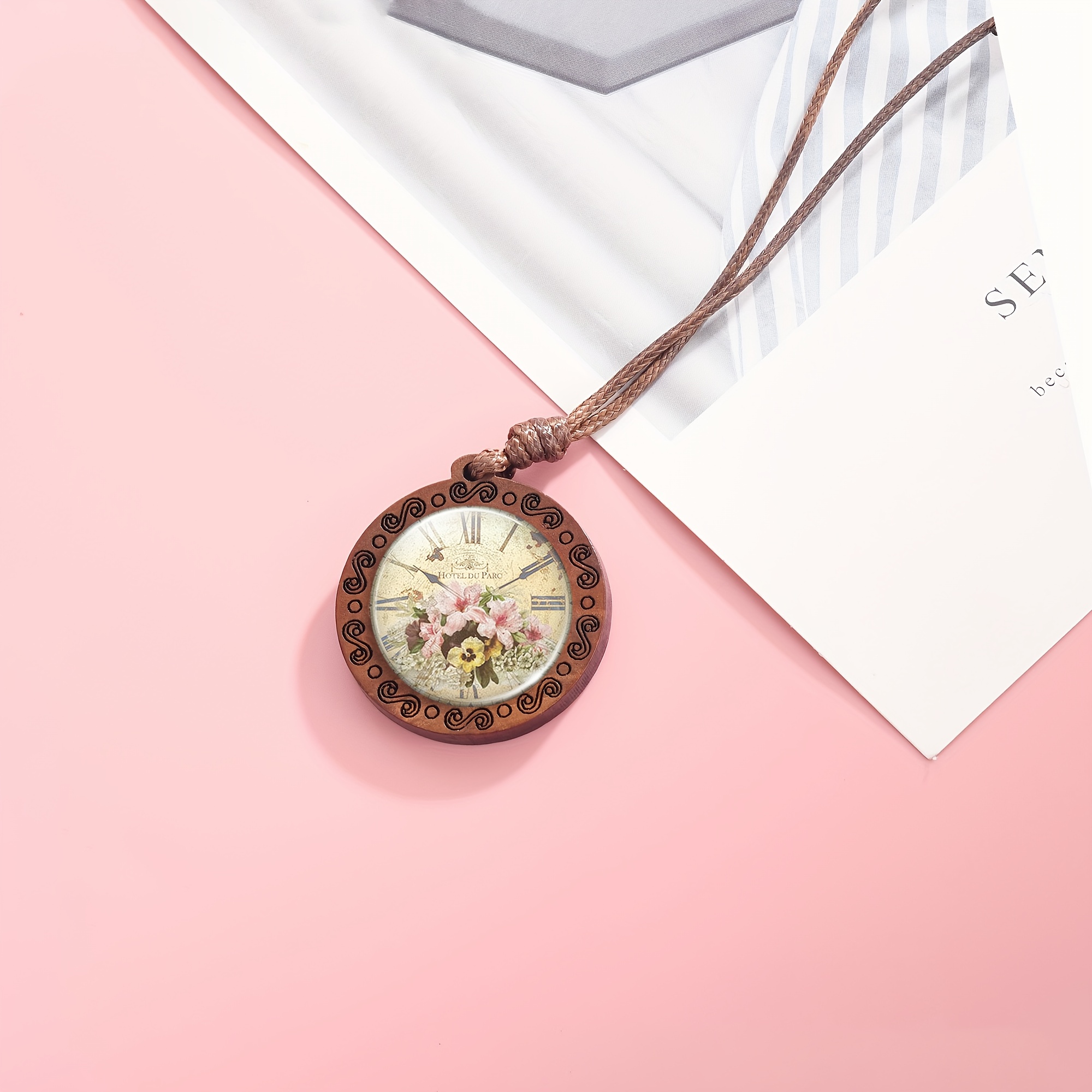 Vintage Clock Design Wooden Pendant Necklace