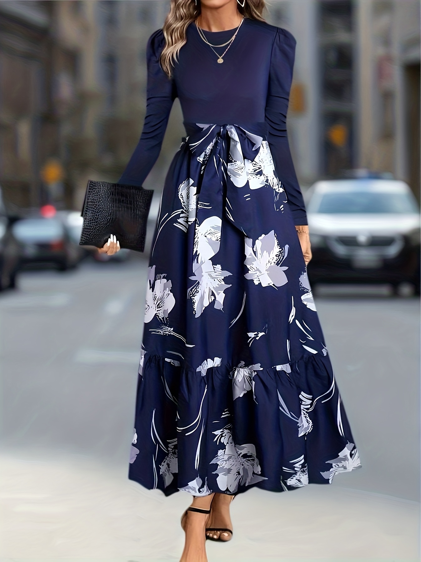 navy formal dress accessories Women'S Elegant Blue Geometric Print Puff Sleeve with Bow Belt fila
