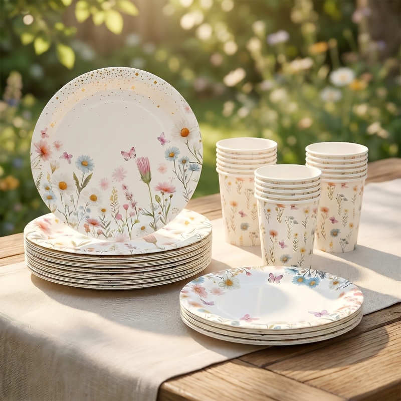 a set of 30 disposable tableware featuring small floral designs including 7 9 inch plates cups and party utensils suitable for weddings birthdays and anniversaries paper plates are perfect for halloween christmas new year valentines day